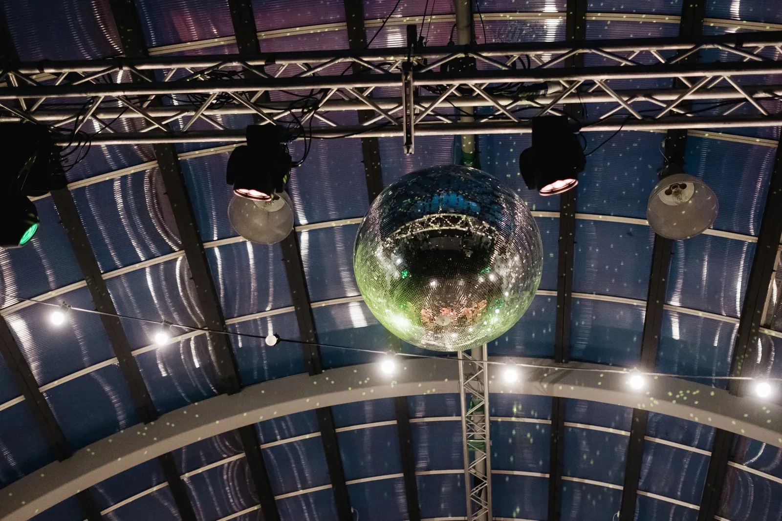 A mirror ball beneath BAaD’s glass courtyard roof